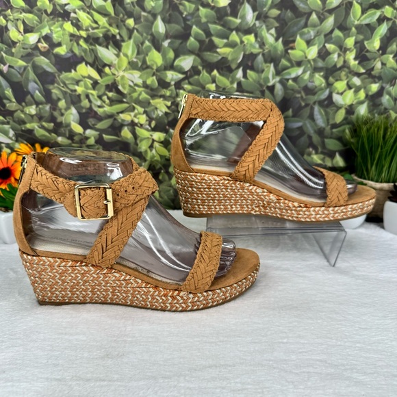 {Stuart Weitzman} Akilah Sparkle Metallic Tan Braided Espadrilles Wedges Sandals - Picture 3 of 16